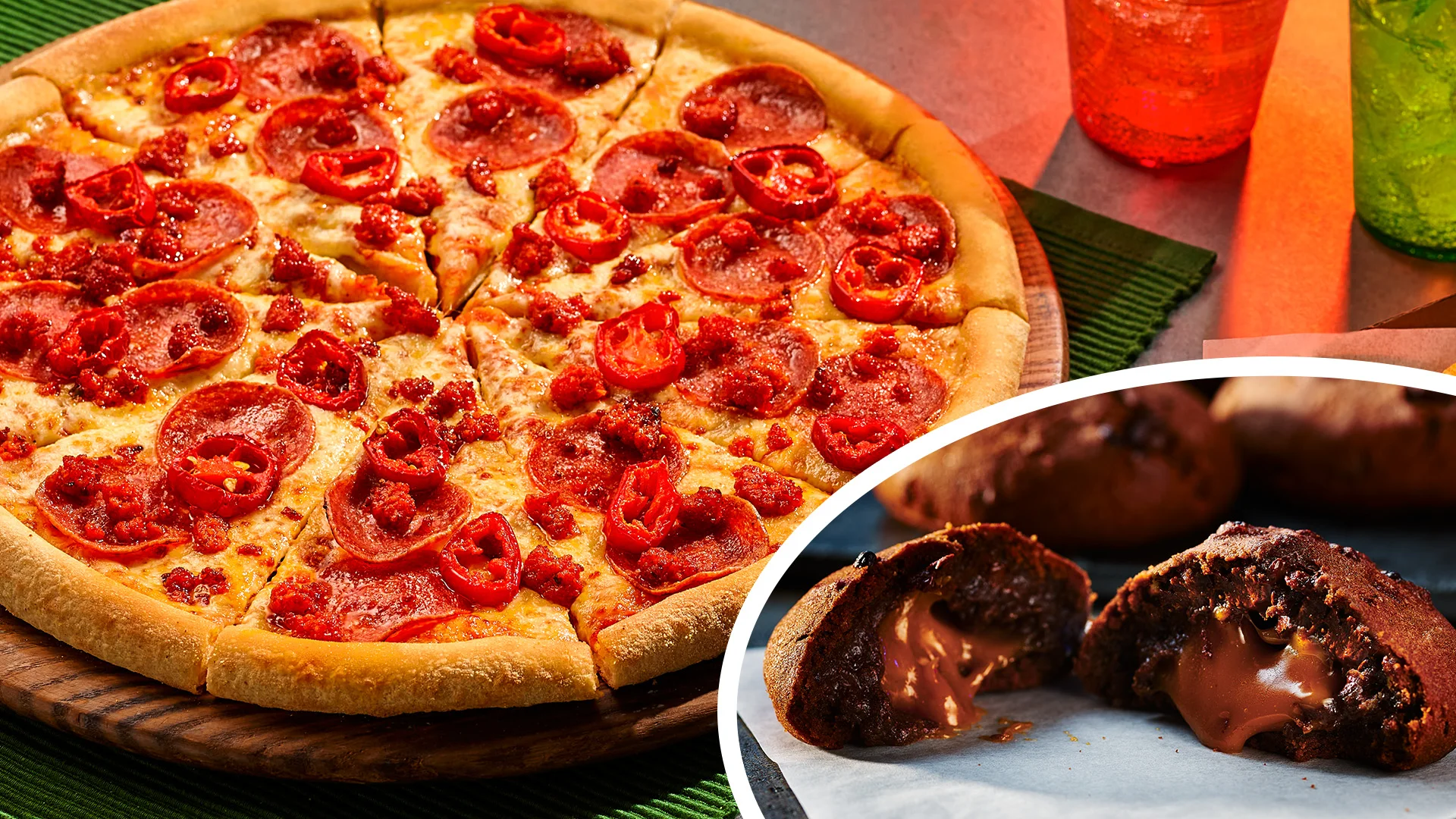 Dominos Ultimate Spicy Sausage Pizza Double Choc Caramel Cookie